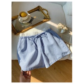 BEAUDRM Girl's Striped Mini Shorts Bowknot Elastic Waist Wide Leg Summer Shorts with Pocket Blue 11Y
