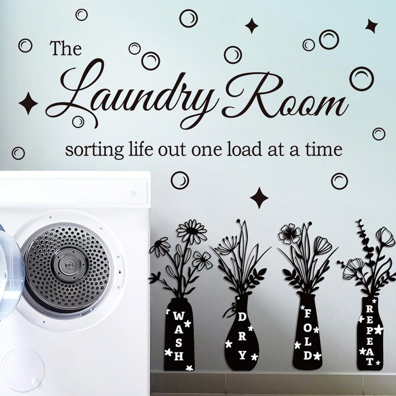 Laundry Room Wall Decal, Wash Dry Fold Repeat Flower Vase