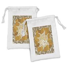 Lunarable Sleeping Sun Fabric Pouch Set of 2, Stained Glass Design of Celestial Body with Face in Earth Tones, Small Drawstring Bag for Toiletries Masks and Favors, 9" x 6", Multicolor