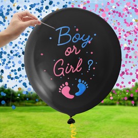 Heboland Gender Reveal Balloon Pop Ideas, 2pcs 36" Jumbo Black Baby Boy or Girl Balloons, with Blue Pink Confetti for Revelacion de Sexo de Bebe