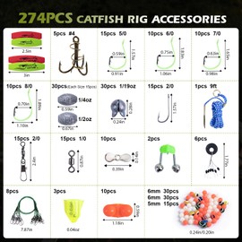 Goture Catfish Rig Making Kit,274pcs Catfishing Tackle with Luminous Fishing Hook Swivel Sinker Weights Rattle Float Bobber Stoppers,Catfish Rigs Accessories with 3600 Tackle Box,Gifts for Men