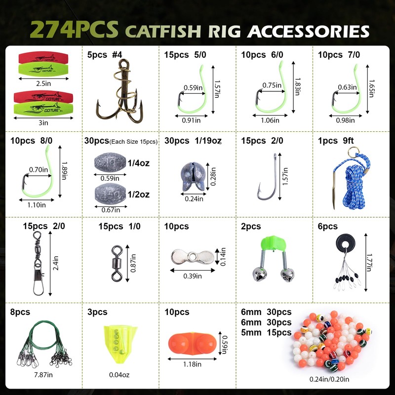 Goture Catfish Rig Making Kit,274pcs Catfishing Tackle with Luminous Fishing