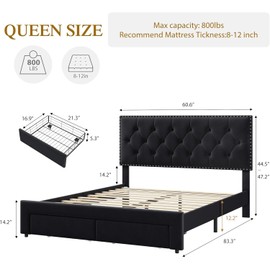 IDEALHOUSE Queen Size Bed Frame with 2 Storage Drawers, Vintage Velvet Upholstered Bedframe with Button Tufted Rivets Headboard, Wooden Slat Support, Noise Free, No Box Spring Needed, Black