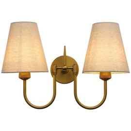 Pathson 2-Lights Linen Fabric Wall Sconce Light, Hardwired Double Curved Arms Vanity Light, Vintage Wall Painting Sconce Lamp, Lighting for Living Room, Loft, Stairwell, Kitchen, Foyer