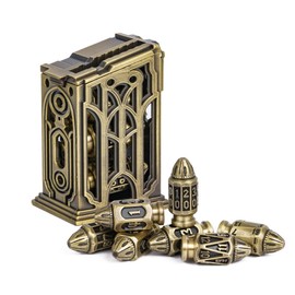 UDIXI Metal DND Bullet Dice Set with Magazine Container, 7-Die Polyhedral Dice Set Cyberpunk Style for Warhammer 40K, D&D, Sci-Fi, War or Other Tabletop Games（Bronze）