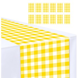 MUNILAIL 12 Pcs Yellow and White Checkered Table Runner 14 x 108 Plastic Gingham Table Runner for Birthday Wedding Baby Shower Party Disposable Table Runner