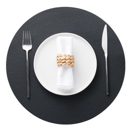 Jovono 15" Faux Leather Big Round Placemats Set of 6 - Washable Heat Resistant Non-Slip Dining Table Mats with Fabric Texture for Kitchen Home Party Decor, Black