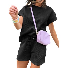 Dokotoo Two Piece Sets For Women Cozy Casual Yoga Womens Clothes Resort Wear Crew Neck Collar Short Sweatsuit Gym Jogger Matching Pajamas Tracksuit Matching Sets Black Large