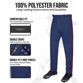 Exxact Sports Proline Full Length Baseball Pants Youth & Adult with Stripes, Relaxed Fit Open Bottom Men/Boys Baseball Pants (Navy/Red, AL)
