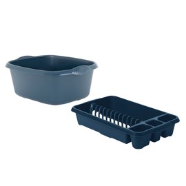 Set of 2 Navy Blue Plastic Medium Dish Drainer with Washing Up Bowl Kitchen Organiser (Navy Blue)