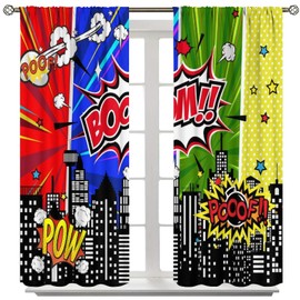 Super City Curtains for Kids,olourful Polka Dot Superhero Comic Style City Skyline Scenery Print Rod Pocket Window Treatments Drapes for Boys Girls Nursery Bedroom 42" W X 45" L