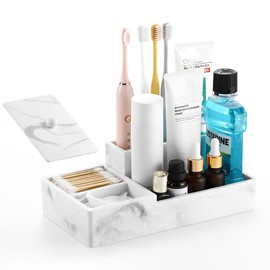 Luxspire Bathroom Counter Organizer, Marble Toothbrush Holder for Bathroom 6 Slot, Bathroom Vanity Organizer with Lid, Bathroom Organizer Countertop for Cotton Ball, Q-Tips, Floss, Gravel White