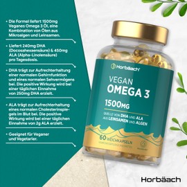 Omega 3 Vegan Hochdosiert aus Algenöl 1500mg | 60 Kapseln mit ALA und DHA pro Portion | von Horbaach