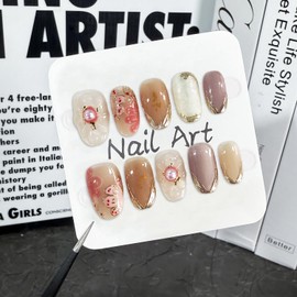 Pink Flower Press on Nails Luxury 3D Pearl Embossed Designs Muti-Layer Gel False Nails Full Cover Short Almond Acrylic Nails Handmade Press on Nails French Tip Stick on Nails for Women (Size S)