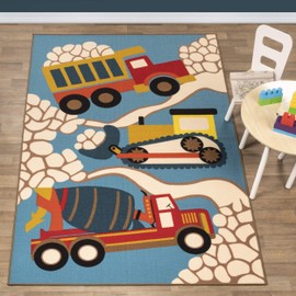 BNM Small Indoor Area Rug, Washable, Non-Skid Foam Backing, Decor for Playroom, Classroom, Living Room, Bedroom, Entryway, Daycare, Nursery, Construction Zone Kids Indoor Area Rug, 2' x 3', Blue