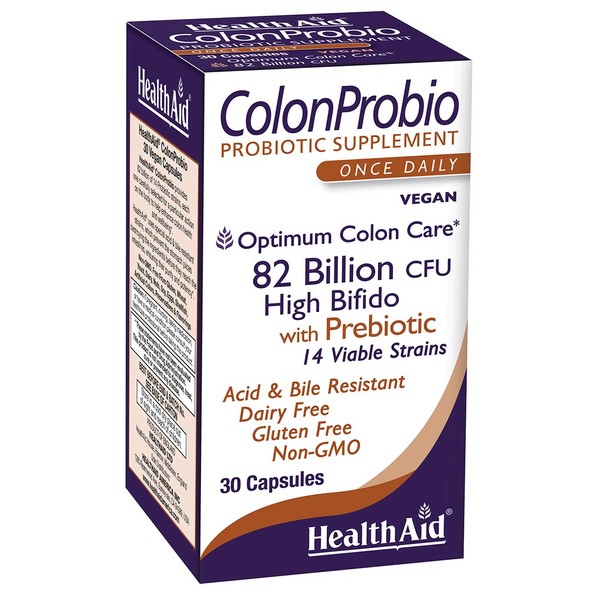 HealthAid ColonProbio 82 Billion with Prebiotic, 14 Strains, Once Daily, 30ct, Optimum Colon Care, Acid & Bile Resistant, Dairy Free, Gluten Free, Non-GMO