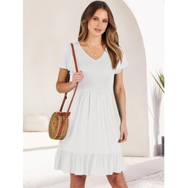 ANRABESS Women's Summer Casual Beach Mini Dress Smocked V Neck Flutter Sleeve Cute Boho Short Dresses 2025 Trendy White Large