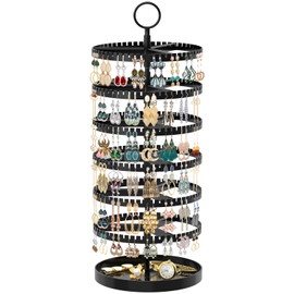 MODOWEY Rotating Earring Holder Organizer Display Tree with Metal Tray, 6 Tier Adjustable Plastic Stand with 342 Slots for Stud Hoop Hanger, Large Capacity Storage Rack for Women Space-Saving(Black)