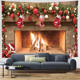 Christmas Tapestry Fireplace Christmas Stockings Xmas Gifts Wall Hanging Polyester Tapestries for Home Bedroom Living Room Decoration 51 x 59 Inches