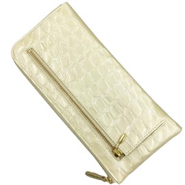 HARUBE #86-359 Kyoto Naniwaya Thin L-Shaped Fastener Cowhide Crocodile Embossed Enamel Functional Card 24 Cards Large Capacity Long Wallet Ladies Croco #86-359, champagne gold, Medium