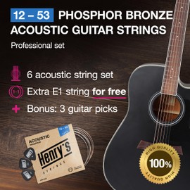 Henrys® Acoustic Guitar Strings 12-53 - Phosphor Bronze Western Guitar Strings - Extra E1 String 3 Plectrums - Western Guitar Strings Acoustic Guitar - Acoustic Guitar String Steel - Acoustic Guitar