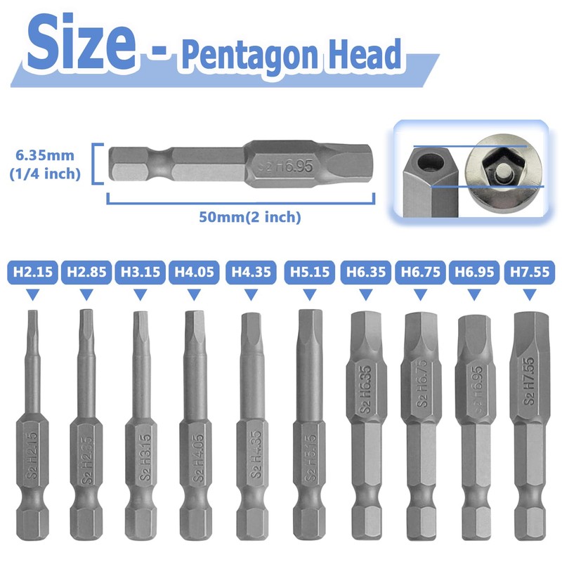 Mesee 10 Pieces H2.15-H7.55 Magnetic Pentagon Head Screwdriver Bits with