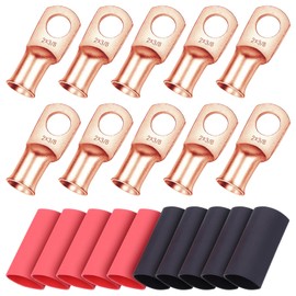 iGreely 10pcs 2 AWG 3/8" Wire Lugs Ring Terminals 2 Gauge Heavy Duty Battery Cable Ends Battery Terminal Connectors with 10pcs 3:1 Dual Wall Adhesive Heat Shrink