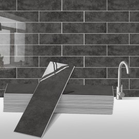 AllDecoo 24-Piece Peel & Stick Tiles - Marble Black Subway Tiles, 12" x 3", Premium PVC, Easy Kitchen Backsplash