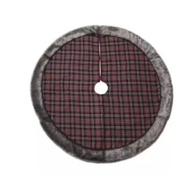 Darice Red & Gray Plaid Christmas Tree Skirt with Gray Faux Fur Trim 48"