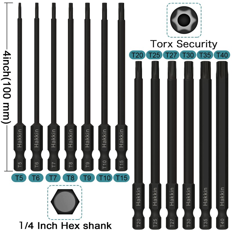 Torx Bit Set Hakkin 13Pcs Phosphate Treatment 100mm Long Torx