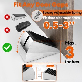 Heavy Duty Door Stopper, Adjustable Spring Door Stopper Up to 3 inch Tall for Bottom of Door, Stainless Steel Silver Rubber Door Wedge for Any Heavy Doors, 2 Pack & 1 Wall Protector
