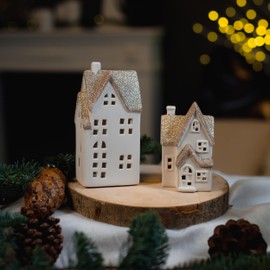DARO DEKO Ceramic LED House - White Gold Glitter - 8 x 17 x 6 cm - Light House