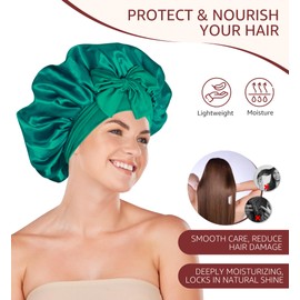 HiRui Silk Satin Bonnet for Sleeping Women, Double-Layer Sleep Cap Shower Cap with Adjustable Tie, Moisture Retaining Satin Lined Hair Bonnet for Curly and Natural Hair (Cyan/Black, Medium)
