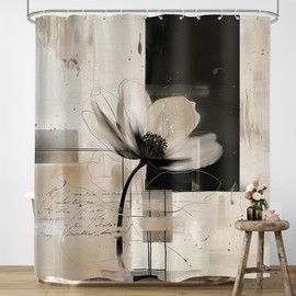 LIGHTINHOME Abstract Flower Shower Curtain 60Wx72H Inches Black Brown Tan Oil Painting Geometric Simple Modern Contemporary Cloth Fabric Waterproof Polyester Bathroom Home Decor Set with Hooks