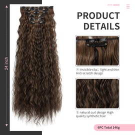 Flufymooz Clip In Hair Extensions,6PCS Hair Extensions Long Mermaid Waves Wavy Synthetic Clip On Hairpiece For Women 24 Inch (Dark Brown with Highlights)