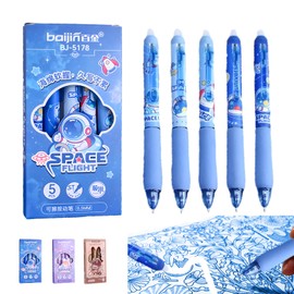 LHLZNB 5-Pack 0.5mm Erasable Gel Pens with Cartoon Designs - Blue Reusable Friction Pens for School, Office & Bullet Journaling, Smooth Writing & Smudge-Free (blue)