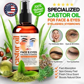 Hidratante facial con aceite de ricino orgánico para pestañas, cejas y arrugas con jojoba, rosa mosqueta, semilla de uva, escualano, palmarosa, bergamota y vitamina E, cuidado de la piel para pieles