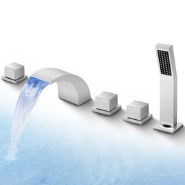 Bathtub Faucet Deck Mount Widespread Waterfall Roman Tub LED Bathroom Bathtub Faucet with Hand Shower, Dr Faucet Polished Chrome