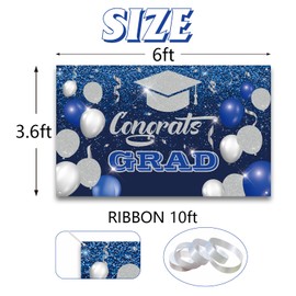 Congrats Grad Backdrop Banner | 2025 Graduation Party Decorations | Congratulations Graduate Photo Background | Prom Night Party Supplies | Blue and Silver, 6 x 3.6 ft