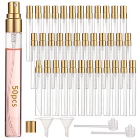 50 Pcs 10 ml Perfume Bottles - Refillable Glass Mini Spray Bottles, Portable Travel Sample Containers, Fine Mist Atomizers with Caps, Includes 2 Funnels and 2 Dispensers, Ideal for Liquids