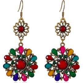 Vintage Style Bohemian Large Dangle Earrings for Women Multicolor Dainty Created Gemstones Boho Round Shape Drop Earrings