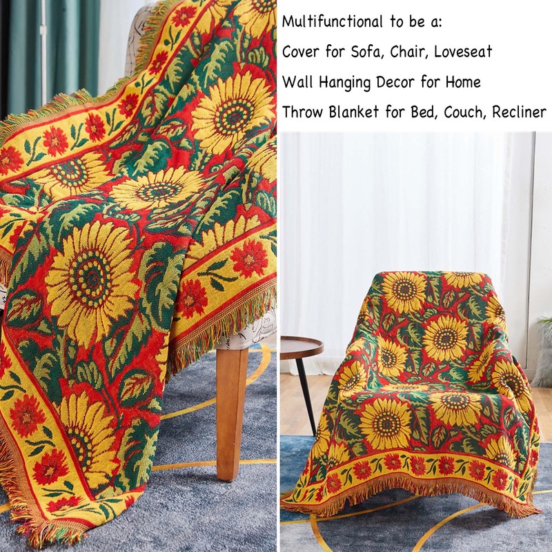 Red Sunflower Throw Blanket with Fringe Boho Throw Blankets Recliner