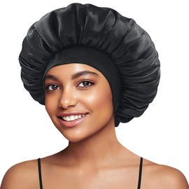BONNET QUEEN Silk Bonnet for Sleeping Satin Bonnet Wide Elastic Band Reversible Double Layer Large Bonnet for Women Curly Hair Braid Black