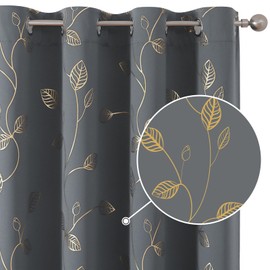 BUHUA Heat Blocking Curtains, Black Out Curtains 63 Inch Long 2 Panels Burg, Soundproof Curtains with Gold Leaf Printed (52 x 63 Inch, Light Grey, Set of 2 Panels)
