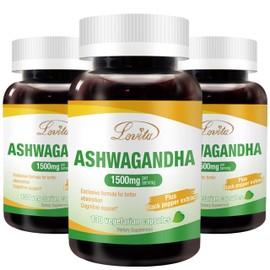 Lovita KSM-66 Ashwagandha 22,500mg Equivalent - Pack of 3 - Total 390 Vegan, Gluten Free Capsules - 5% Withanolide, 95% Black Pepper Piperine, Stress Relief & Energy Support