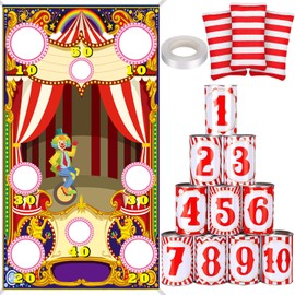 PullCrease 14 Pcs Carnival Bean Bag Toss Games with 10 Carnival Can 3 Bean Bag and 1 Banner for Family Party Birthday Easter Outdoor Activities
