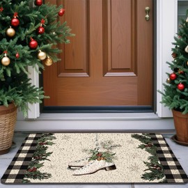 Knibeo Christmas Door Mat, Buffalo Plaid Christmas Skates Door Mat, Christmas Outdoor Mat for Front Door Porch, Christmas Bath Mat, Christmas Front Door Mat, Christmas Welcome Mat, 17x30 Inch