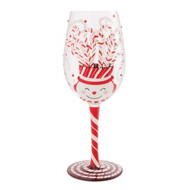 Enesco Lolita Christmas Candy Cane Snowman Jar Hand-Painted Artisan Wine Glass, 15 Ounce, Multicolor