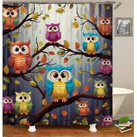 KEYAO DECOR Shower Curtains Set, Cartoon Owl Standing on The Branch Cute Animal, Designer Print Polyester Decorative Cloth, Bathroom Curtains with 12 Hooks(72x72 Inch)
