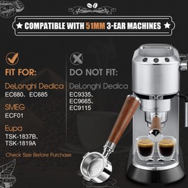 Bottomless Portafilter 51 mm | Portafilter Compatible with DeLonghi Dedica EC680 / EC685 | Coffee Filter 51 mm with Walnut Wooden Handle, 2 Filter Baskets Stainless Steel, Espresso Needle Distributor